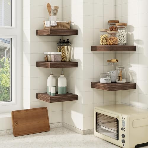 fuqing Floating Shelves for Wall, Wall Mounted Wood Floating Shelf with Invisible Brackets for Living Room, Bathroom, Bedroom, Kitchen Storage and Decor, 6.5 Inch Set of 3, Walnut - color: Walnut, size: 6.5"W x 6.5"D , 3 Pack