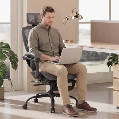 MALOL Ergonomic Mesh Office Chair with Footrest, Executive High Back Computer Desk Chair with 3D Adjustable Headrest & 5-Level Lumbar Support, Track Armrest, Tilt Lock, 300LBS, Grey - color: Grey