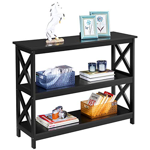 Yaheetech 42" L Black Console Table 3-Tier Narrow X-Design Storage Shelves | Sofa Table for Entryway, Hallway and Living Room, Slim 14" Depth, Powder-Coated MDF, 88 lb Top and 44 lb Shelf Capacity - color: Black