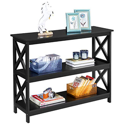 Yaheetech 42" L Black Console Table 3-Tier Narrow X-Design Storage Shelves | Sofa Table for Entryway, Hallway and Living Room, Slim 14" Depth, Powder-Coated MDF, 88 lb Top and 44 lb Shelf Capacity - color: Black