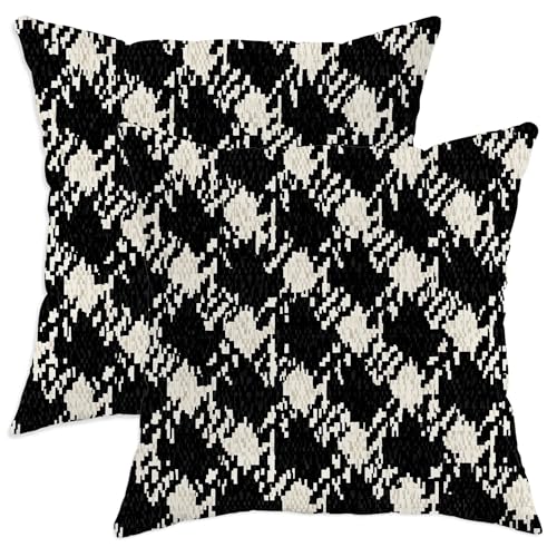 Houndstooth Throw Pillow Covers Set of 2, Modern Contemporary Geometric Abstract None Black Soft Velvet Washable Square Pillow Cases for Home Living Room Bedroom Dorm Couch Decor 16x16 Inch - size: 16" x 16" (Pack of 2)