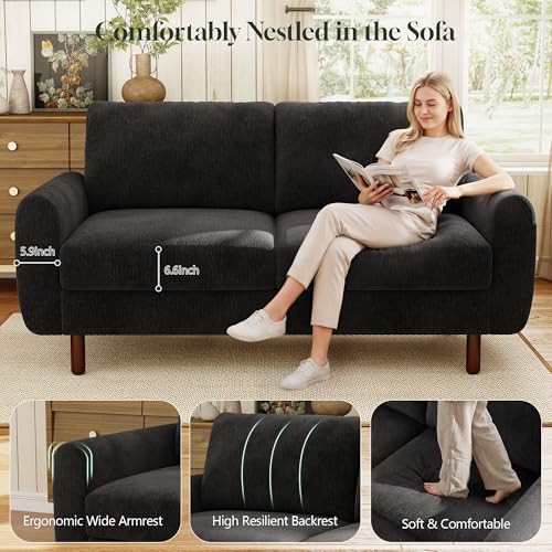 68" Loveseat Sofa, Comfy Chenille Fabric Couches for Living Room with Spring Cushion and Solid Wood Frame, Modern Deep Seat Couch for Bedroom, Apartment, Office, Easy Assembly, Black - color: Black
