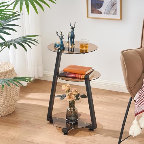 BEWISHOME Small Round Side Table, End Table with Storage Shelves, Tawny | Metal Frame, 3-Tier Shelves, Accent Table Nightstand Bedside Table, Tempered Glass Surface, KTZ41S - color: Dark Brown, size: without PowerOutlet