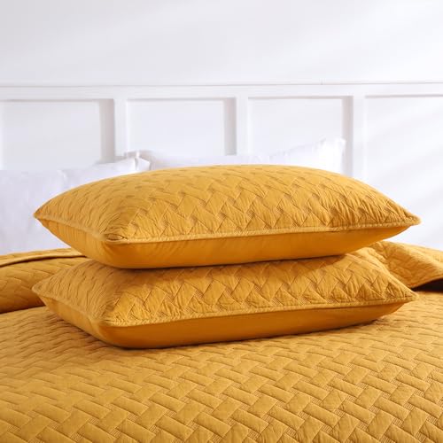 Wistown Cotton Queen Bedspread Quilt Bedding Set, Yellow | 3 Pieces Reversible Lightweight Soft Coverlets Comforters, All Seasons, Weave Stitching Pattern - color: Yellow Weave Pattern, size: Queen (90 by 98inch)