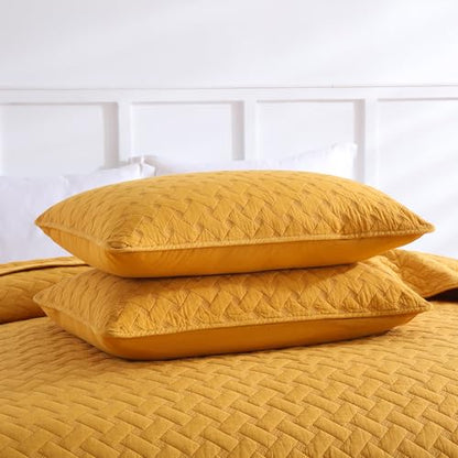 Wistown Cotton Queen Bedspread Quilt Bedding Set, Yellow | 3 Pieces Reversible Lightweight Soft Coverlets Comforters, All Seasons, Weave Stitching Pattern - color: Yellow Weave Pattern, size: Queen (90 by 98inch)