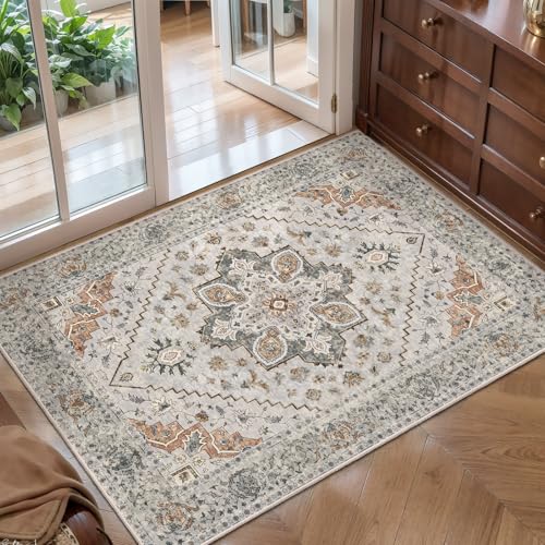 Tangsoo Vintage Small Washable Rugs for Entryway, 2x3 Rug Non Slip Grey Rug Throw Accent Indoor Front Door Distressed Door Mat, Soft Low Pile Area Rugs for Entrance Kitchen Bathroom - color: Light Grey/Beige, size: 2' X 3' (Rectangular)