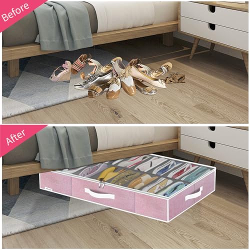 Onlyeasy Large Under Bed Shoe Organizer Container Box, Set of 2, Fit 16 to 32 Pairs of shoes, Underbed Shoes Closet Storage Solution, L37.7x W23.6x H5.9 inch, Cotton-like Pink, MXPUBS16P2 - color: 2 Shoes (16+16 Cells) Cotton-like Pink