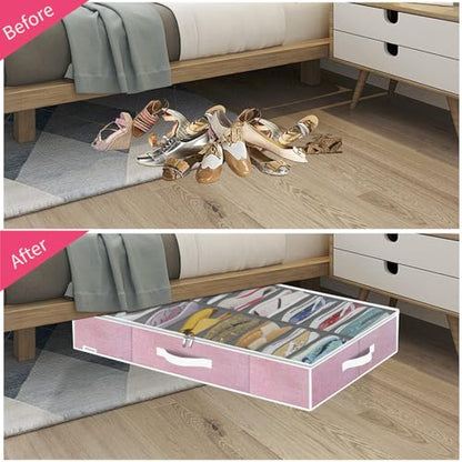 Onlyeasy Large Under Bed Shoe Organizer Container Box, Set of 2, Fit 16 to 32 Pairs of shoes, Underbed Shoes Closet Storage Solution, L37.7x W23.6x H5.9 inch, Cotton-like Pink, MXPUBS16P2 - color: 2 Shoes (16+16 Cells) Cotton-like Pink
