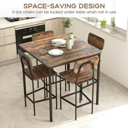 Giantex 5-Piece Dining Table Set W/Counter Height Table & 4 Bar Stools, Industrial Kitchen Dining Set W/Footrest & Backrest, Space-Saving Dinette Set for Pub, Dining Room, Restaurant (Mix Brown) - color: Mix Brown