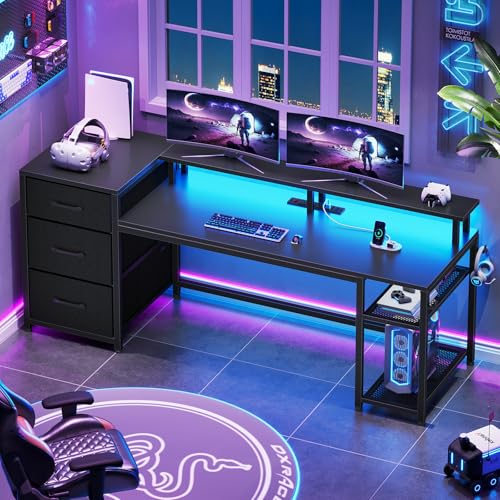 SEDETA 59" Office Desk with Drawers, Reversible Computer Desk with File Drawers & Storage, Gaming Desk with LED Lights & Power Outlet, Home Office Desks for Printer, Black - color: Black, size: 59"