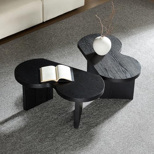31.49" Nesting Coffee Table Set of 2 for Living Room, Couch/Bedroom Side, Unique Butterfly Shaped, Irregular Wood Fun Center Table for Small Space- Black - color: 31.5"&31.5"-black