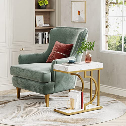 Tribesigns Narrow Side Table Set of 2, C Shaped End Table for Couch, White Gold Modern Bedside Tables with Metal Frame, Small Sofa Tables for Small Spaces, Living Rooms (2, White+Gold) - color: White+gold