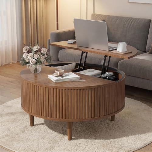 31.5" Round Coffee Table with Lifting Top, Storage for Living Room, Walnut | Fluted Center Table, Mid Century Modern Design for Home Office and Small Space with 4 Hidden Compartments - color: Walnut