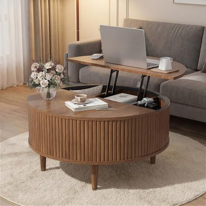 31.5" Round Coffee Table with Lifting Top, Storage for Living Room, Walnut | Fluted Center Table, Mid Century Modern Design for Home Office and Small Space with 4 Hidden Compartments - color: Walnut
