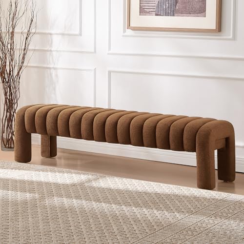 63" Bedroom Bench, Upholstered Entryway Bench, Modern End of Bed Ottoman with Solid Wood Legs and Adjustable Foot Pegs for Entryway, Dining Room and Living Room (Rust Brown Boucle) - color: Rust Brown Boucle, size: 63"