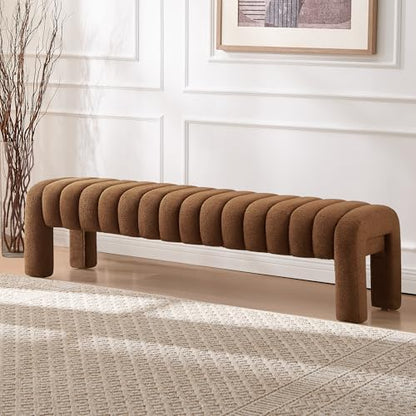63" Bedroom Bench, Upholstered Entryway Bench, Modern End of Bed Ottoman with Solid Wood Legs and Adjustable Foot Pegs for Entryway, Dining Room and Living Room (Rust Brown Boucle) - color: Rust Brown Boucle, size: 63"