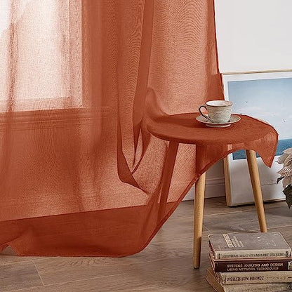 MIULEE Boho Fall Terracotta Linen Textured Sheer Curtains 54W×45L Kitchen | Semi Transparent, Farmhouse, Window Net Panels with Rod Pocket for Bedroom Living Room - color: Terracotta, size: 54"W x 45"L (Pack of 2)