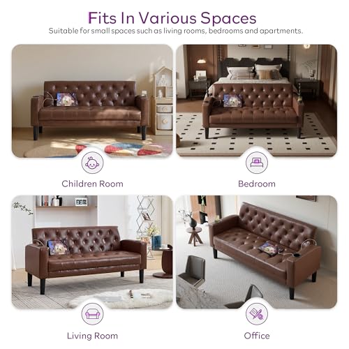 TYBOATLE 152.5cm(62인치) 브라운 가죽 2인용 소파, 거실용 USB 포함 소형 소파 | 작은 소파, 러브 시트 소파, 중세 모던 터프트 디자인, USB 포트 2개 및 컵홀더 2개, 사무실 침실 기숙사, 브라운 - color: 브라운.