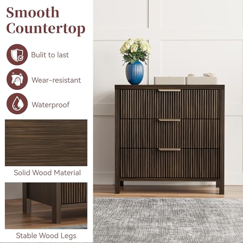 Fluted Nightstand, 23.7'' Wide Night Stand with 3 Drawers, Mid-Century Modern Bedside Table with Handles, Wood End Table for Bedroom, Brown - color: Brown
