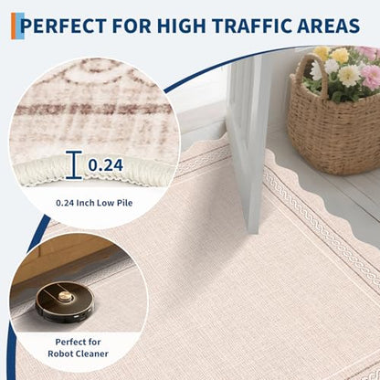 GarveeHome Scalloped Washable Small Round Rug 3ft Non-Slip Soft, Beige | Soft Boho Ultra-Thin Circle Low Pile Stain Resistant Carpet for Bedroom Entryway Kitchen Laundry Bathroom - color: Beige, size: 3' (Round)