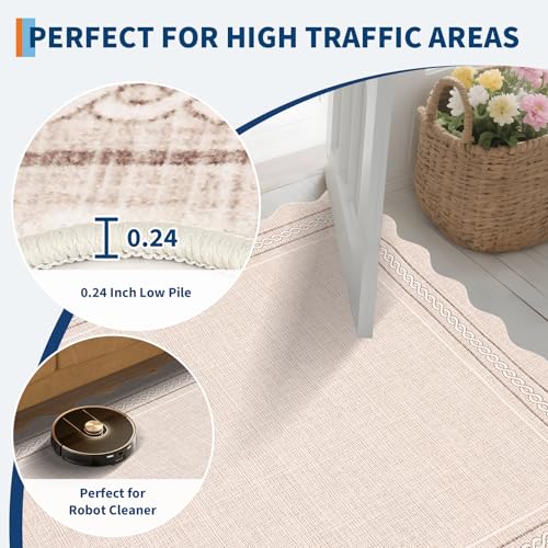 GarveeHome Scalloped Washable Round Rugs Non-Slip Soft Round Rug 4ft, Beige | Small Boho Circle Ultra-Thin, Stain Resistant Low Pile Carpet for Entryway Kitchen Bedroom Nursery Bathroom - color: Beige, size: 4' (Round)