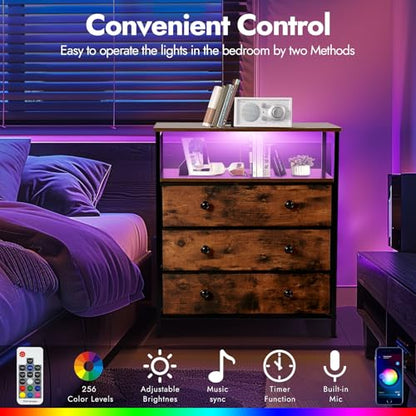 3-Drawer LED Nightstand with Charging Station, Rustic Brown | Engineered Wood and Steel, 2 AC and 2 USB ports, 24 Inch Wide, RGB App Control, Fabric Drawers, Open Storage Shelf - color: Rustic Brown