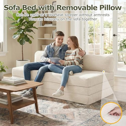 Convertible Sofa Bed, Boneless Loveseat with Removable Cushions & Washable Cover, Futon Sofa Bed with Handle, Pull Out Couch for Living Room, King Size, Beige - color: Beige, size: King Size-83''L*76''W