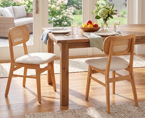 EALSON Rattan Dining Chairs Set of 2 Cane Back Farmhouse Dining Room Chairs Mid Century Kitchen Chairs with Natural Wood Frame Linen Upholstered Side Chair for Kitchen & Dining Room, Beige - color: Linen Beige-natural Wood Frame, size: 2PCS