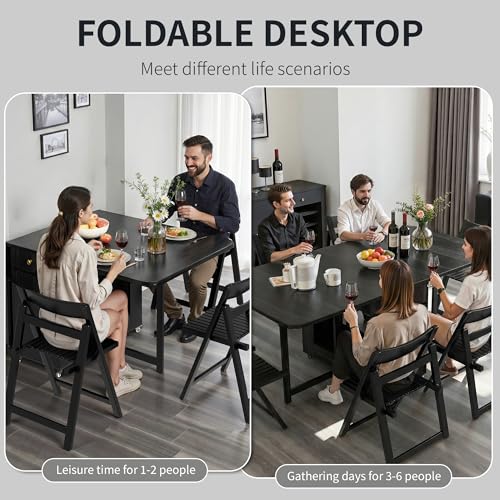 Drop Leaf Table and Chairs - 59" Fully Assembled Folding Dining Table 4-6 Seater with Storage and Lockable Wheels, Space-Saving Set with 8 Chairs for Kitchen or Dining Room (Black) - color: Black, size: 59.06″L Table & 8 Chairs