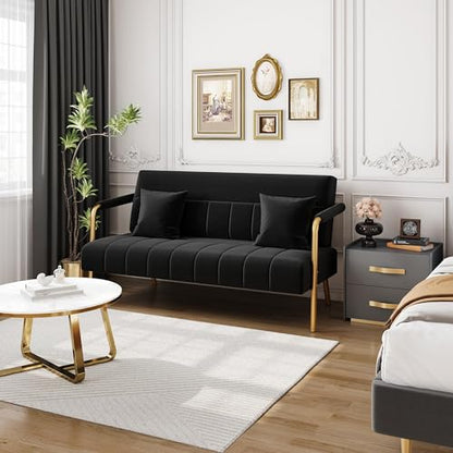 Yaheetech 56.5" Smal Sofa 2 Seater Couch with Gold-Tone Legs, Black | Small Sofa Loveseat Velve 2 Seater Couch with Tufted Back Gold Metal Frame 2 Pillows for Office, Studio,Living Room - color: Black, size: 56.5" W
