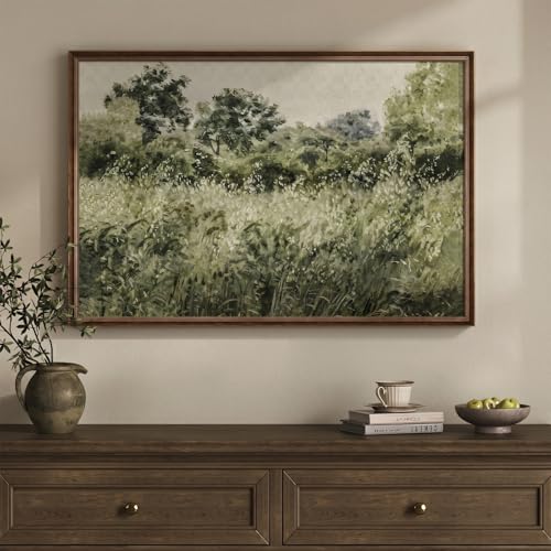 Large Framed Vintage Wall Art, Modern Farmhouse Green Botanical Landscape Canvas Painting Prints, Rustic Cottage Core Nature Flower Meadow Picture for Living Room Bedroom Kitchen Wall Decor, 24x36 In - color: Green C