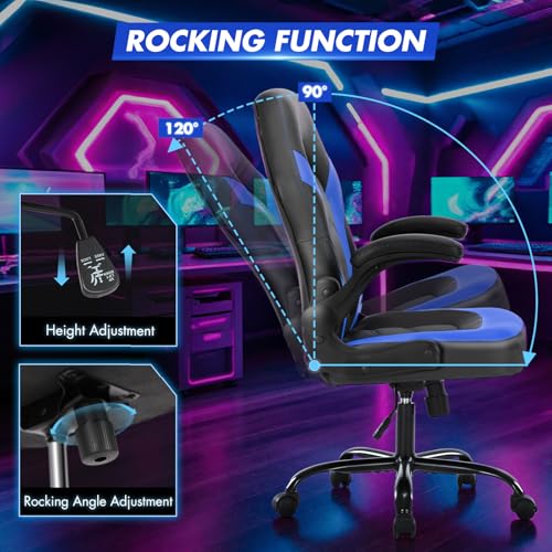Sweetcrispy Computer Desk Chair, Lumbar Support Video Game Chair PU Leather | PU Leather Flip-up Armrest, Height Adjustable, 360 Swivel for Adults, Black Blue - color: Black Blue