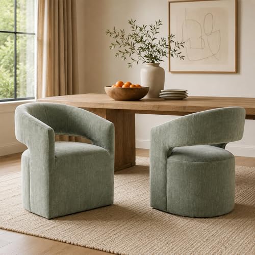 Barrel Accent Chair with Casters, Contemporary Upholstered Arm Chair with Wraparound Back, Plush Rounded Seat, Pedestal Base for Living Room Bedroom Office, Green - color: Green