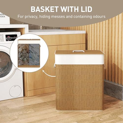 HOMCOM Double Laundry Basket with Lid 26.4 Gallon Bamboo Hamper Brown | Rope Handles, Clothes Hamper, Removable Liner, Bathroom, Bedroom - color: Brown