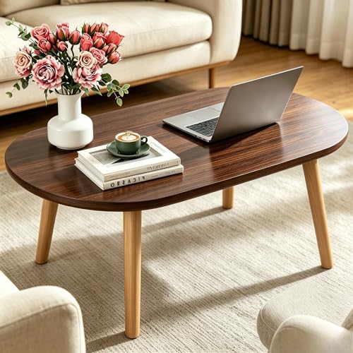 Coffee Table, 31.5" Oval Low Coffee Tables with Solid Wood Legs Walnut | Floor Table Desk for Sitting on The Floor, Easy Assembly Small Space Coffee Tables for Living Room, Apartment, Office - color: 31.5"l Oval Dark Walnut