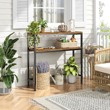 Simple Trending Console Table, 2-Tier Narrow Sofa Table, Rustic Brown | Entryway Table with Storage Shelf, Metal Frame, Adjustable Feet Pads, for Entryway, Living Room, 8 x 31.75 x 31.25Inches - size: 2-Tiers Sofa Table