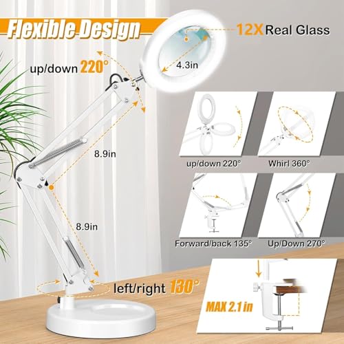 IVMAIE 12X Magnifying Glass with Light and Stand (No Acrylic Lens), 2-in-1 Lighted Magnifier with Clamp 5 Color Modes Dimmable LED Desk Lamp Hands Free for Painting Craft Sewing Hobby Close Work White - color: White