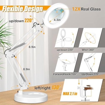 IVMAIE 12X Magnifying Glass with Light and Stand (No Acrylic Lens), 2-in-1 Lighted Magnifier with Clamp 5 Color Modes Dimmable LED Desk Lamp Hands Free for Painting Craft Sewing Hobby Close Work White - color: White