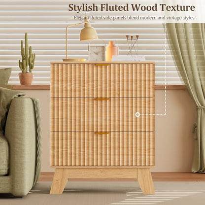 Fluted Nightstand with 3 Large Drawers, Wooden Side End Table with Elevated Legs for Easy Cleaning, Sturdy Modern Beside Table for Small Space, Bedroom, Oak, 24" L - color: Natural Oak