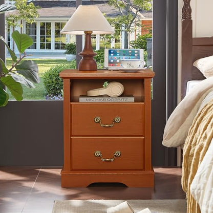 Farmhouse Night Stand with Charging Station, Caramel | 2 Drawers End Tables Bedroom, Bedside Table with Rustic Handles & Floor-Standing Thickened Foot & Open Shelf - color: Caramel, size: 18"D x 18"W x 24"H (2 Drawers)