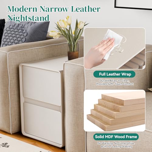 15.8" W Faux Leather Narrow Nightstand, Fully-Assembled Bedside Table with 2 Drawers, Wood Night Stand Small Accent End Table & Side Table for Bedroom, Cream White - color: Cream, size: 16in