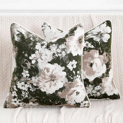 Vintage Floral Throw Pillow Covers 18x18 Set of 2 Neutral Boho Farmhouse Soft Chenille Jacquard Decorative Couch Pillow Covers for Sofa Couch Bed Living Room Home Décor Beige Green - color: Beige Green, size: 18" x 18" (Pack of 2)