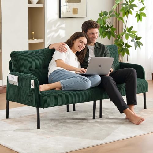 Loveseat Sofa, 67” Small Sofa Couch for Living Room, Comfy Corduroy Fabric Love Seat for Bedroom with Throw Pillow,Removable Cushion Cover,Couches for Small Space,Apartment,Dorm (Emerald) - color: Emerald, size: 67"