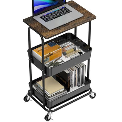 Simple Houseware 2-Tier Utility Cart Wood Top/Lockable Wheel, Rustic Brown | 2-Tier Metal Storage Organizer Trolley for Kitchen, Bathroom, Office, Craft Room - color: Rustic Brown
