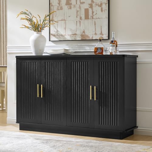 Okvnbjk Modern Sideboard Buffet Cabinet with Storage, Black | Fluted Coffee Bar Cabinet with 4 Doors & Adjustable Shelves for Kitchen, Dining Room, Living Room & Hallway - color: Black