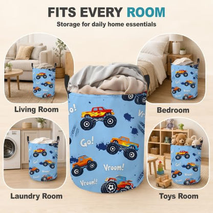Blue Truck Collapsible Laundry Hamper,Racing Theme Waterproof Oxford Cloth Clothes Basket with Handles for Bathroom Bedroom Nursery Dorm Room,16" x 20" - color: Blue Truck,Racing Theme