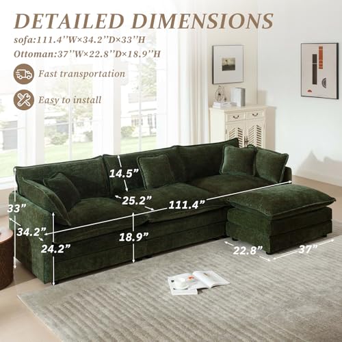 103.8" Chenille L Shaped Modular Sofa with Ottoman,Green | Randomly Assemble Modular Sofa Sets, Modern Recliner Deep Seat Sofa Set for Living Room,Office - color: Green, size: 3S+1O