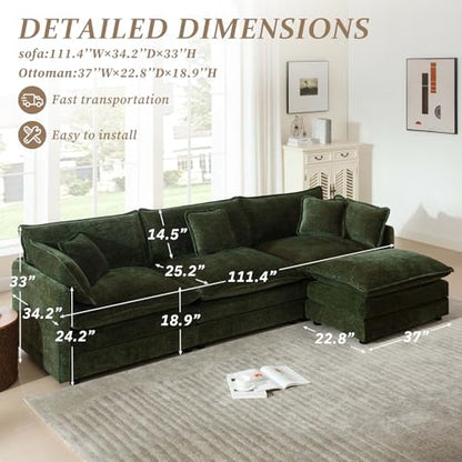 103.8" Chenille L Shaped Modular Sofa with Ottoman,Green | Randomly Assemble Modular Sofa Sets, Modern Recliner Deep Seat Sofa Set for Living Room,Office - color: Green, size: 3S+1O