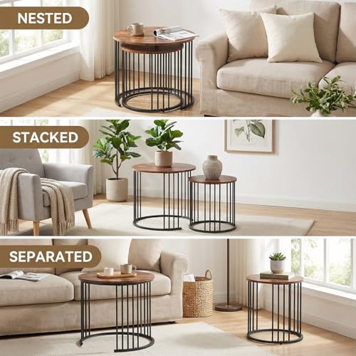 Nesting Side Tables Round Set of 2, Solid Wood End Tables Narrow with Storage Industrial Small Bedside Table Night Stand for Living Room, Bedroom, Sofa