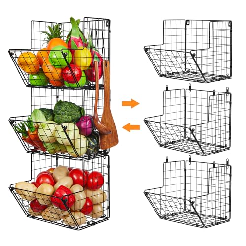 X-cosrack Metal Wire Basket Wall Mount, 3 Tier Wall Storage Organizer with 5 S Hooks, Kitchen Fruits and Vegetables Bin Toys Organizer Hanging Basket Black (S (10.83" L x 10.63" W x 30" H))